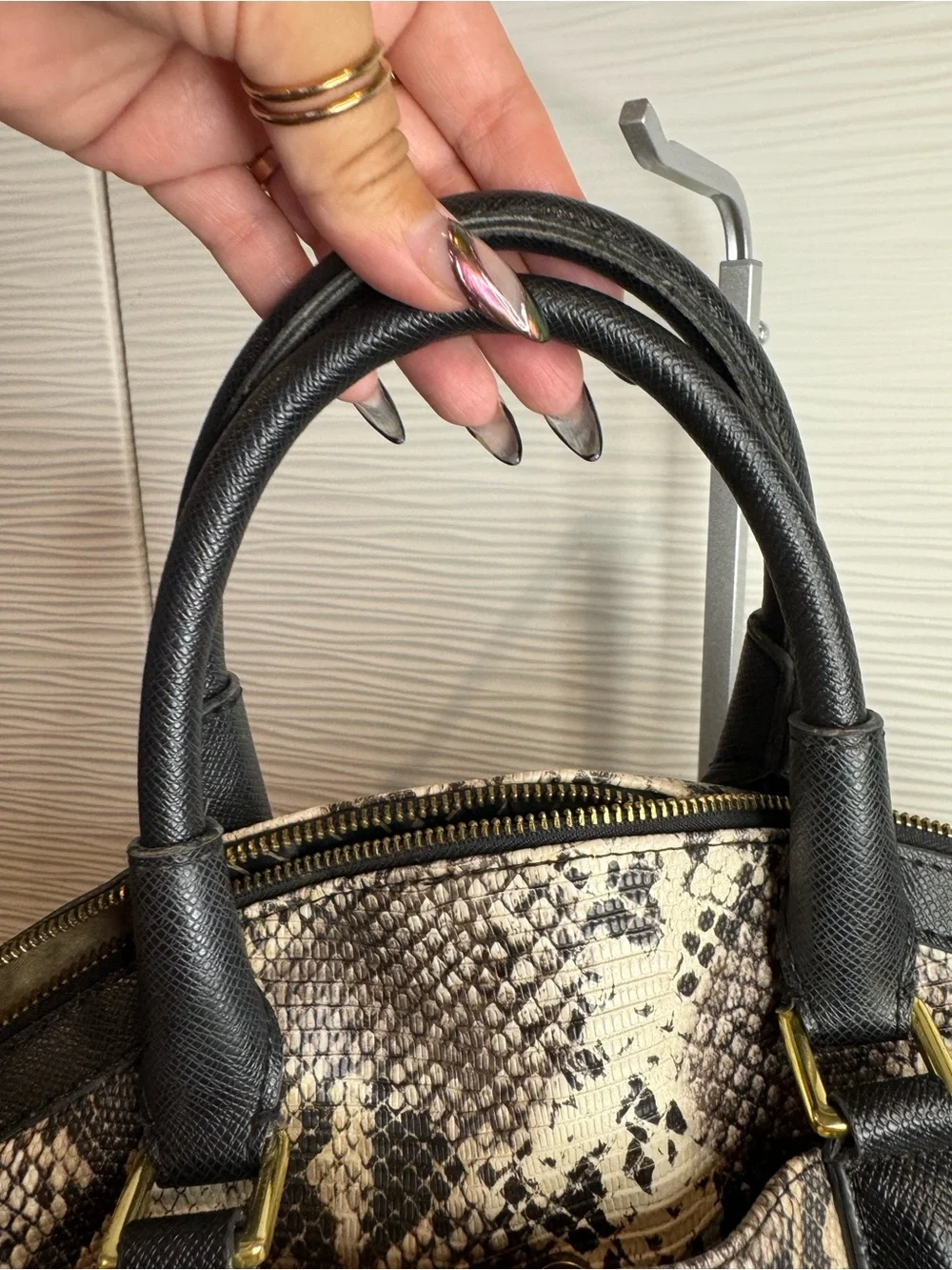 London Fog Black and Beige Python-Print Dome Satchel